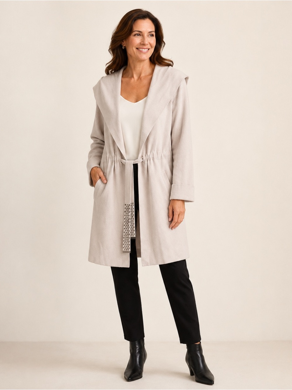 Joseph Ribkoff Alabaster Rivet Belt Hooded Coatigan Medium